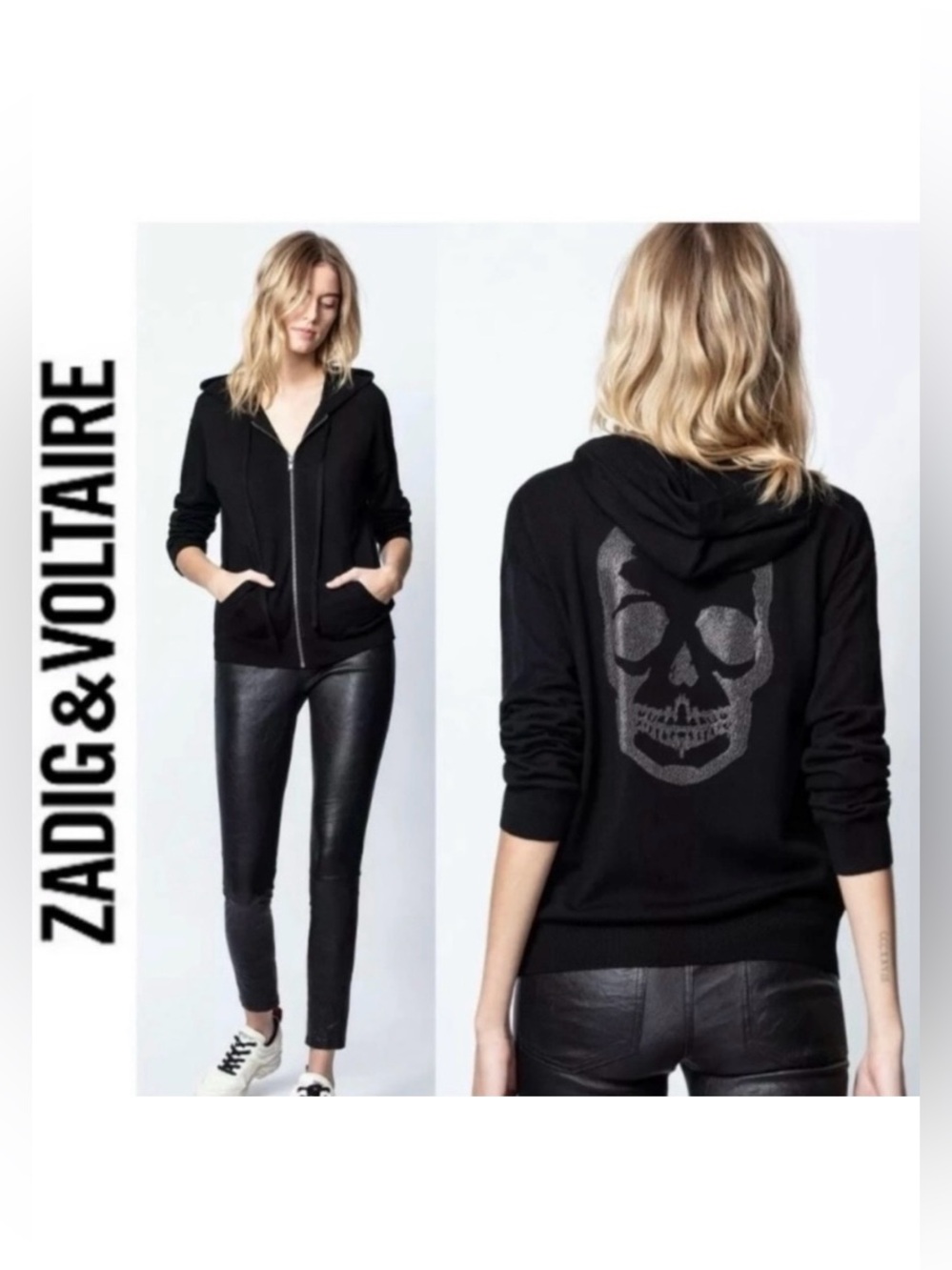 NWT Sixtine Skull Strass Zadig & Voltaire Black Hoodie with Sparkle Skull